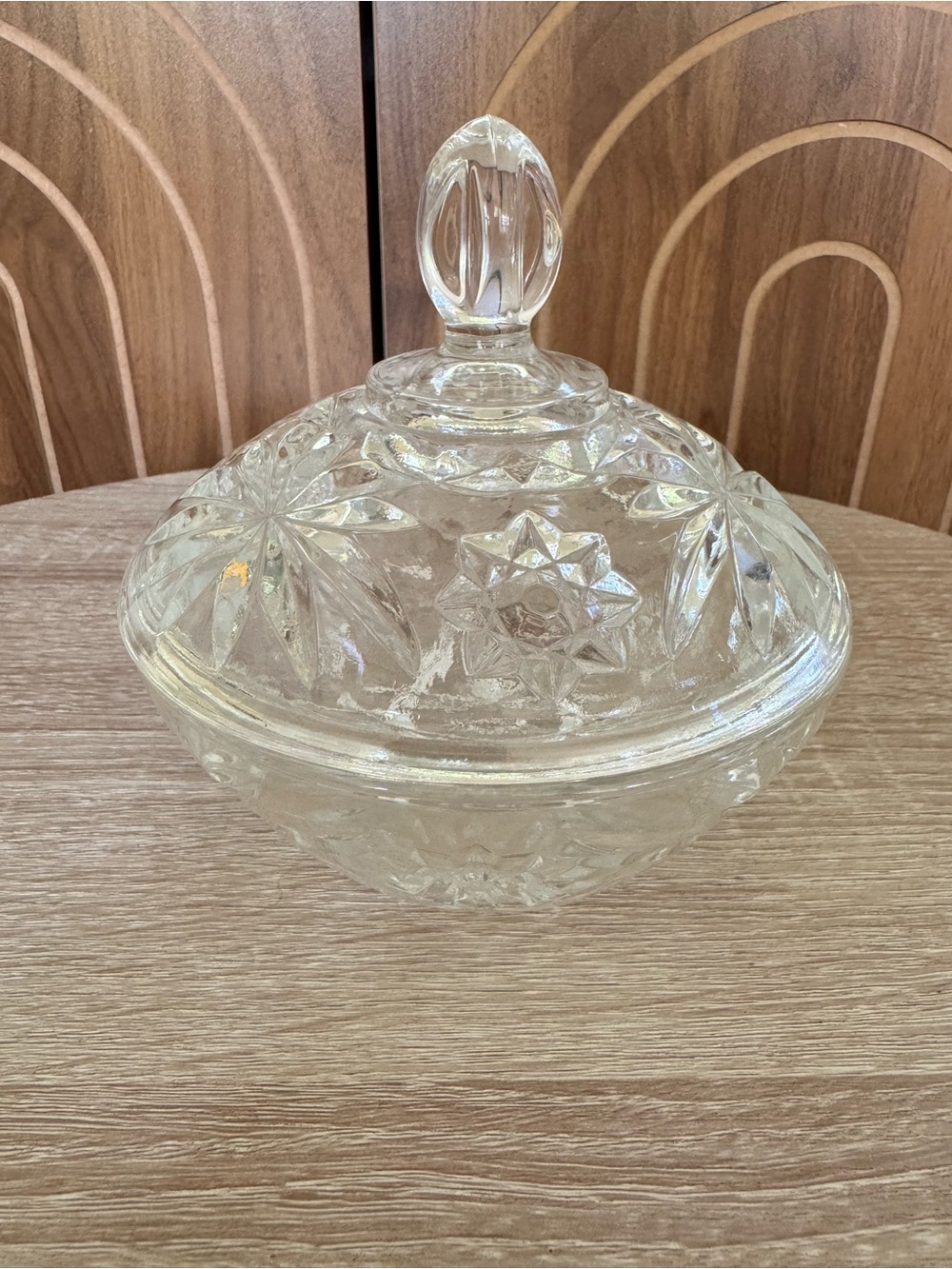 Vintage Anchor Hocking Cut Glass Covered Candy Dish - Clear Glass Star Pattern